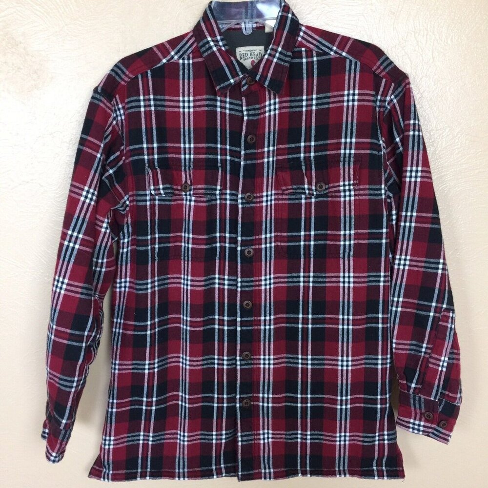 RedHead Brand Co Mens Small Red Black Plaid Shirt Jacket Fleece Lined Logger